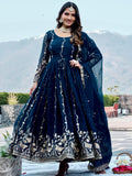 Wonderful Navy Blue Embroidered Georgette Festive Wear Anarakali Gown With Dupatta