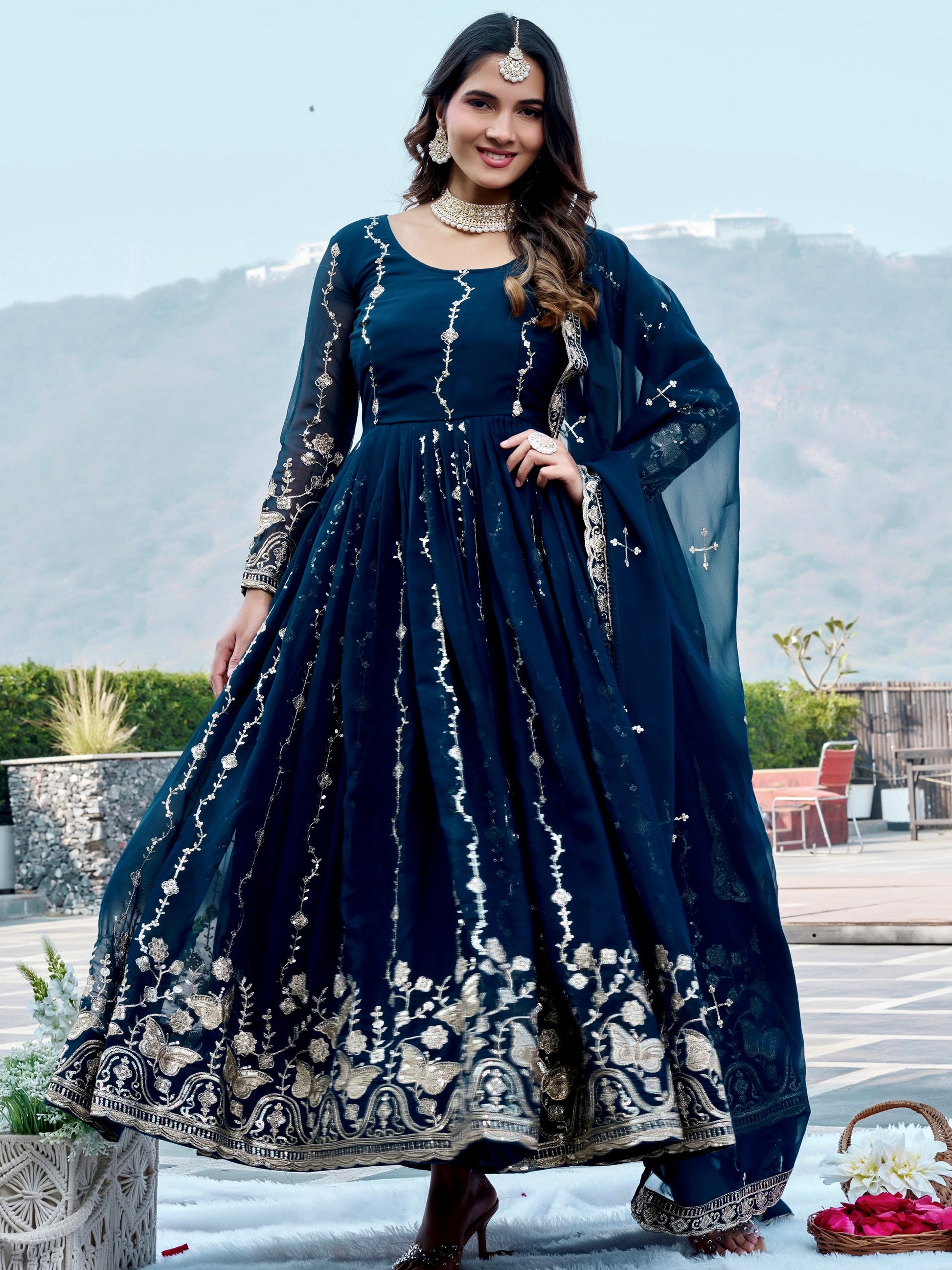 Wonderful Navy Blue Embroidered Georgette Festive Wear Anarakali Gown With Dupatta