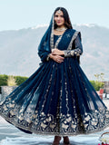 Wonderful Navy Blue Embroidered Georgette Festive Wear Anarakali Gown With Dupatta