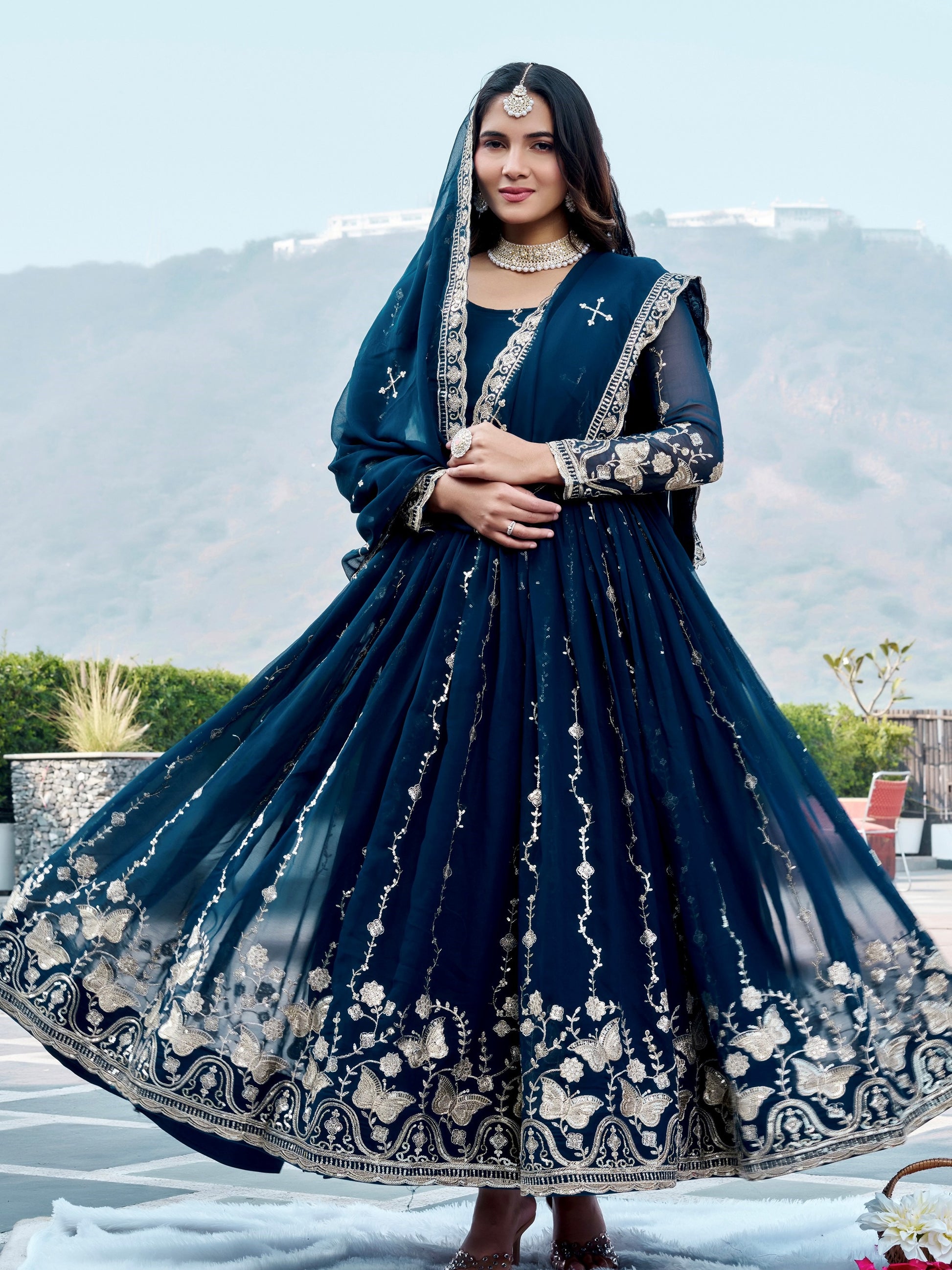 Wonderful Navy Blue Embroidered Georgette Festive Wear Anarakali Gown With Dupatta