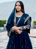 Wonderful Navy Blue Embroidered Georgette Festive Wear Anarakali Gown With Dupatta