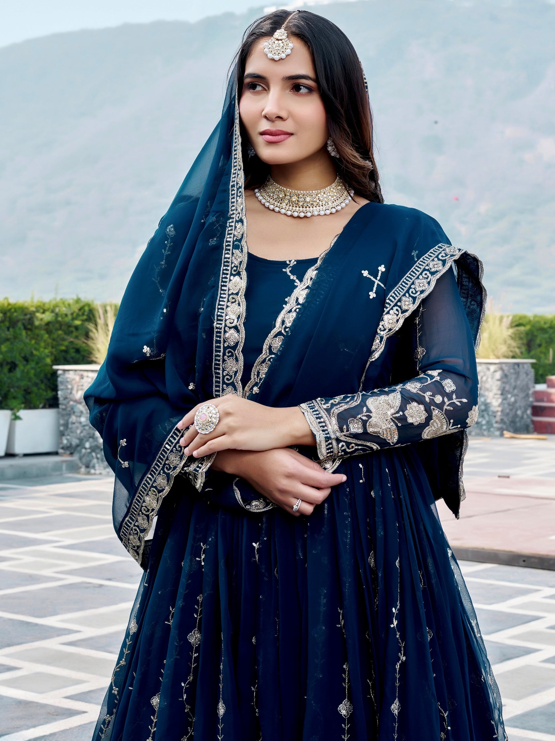 Wonderful Navy Blue Embroidered Georgette Festive Wear Anarakali Gown With Dupatta