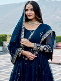 Wonderful Navy Blue Embroidered Georgette Festive Wear Anarakali Gown With Dupatta