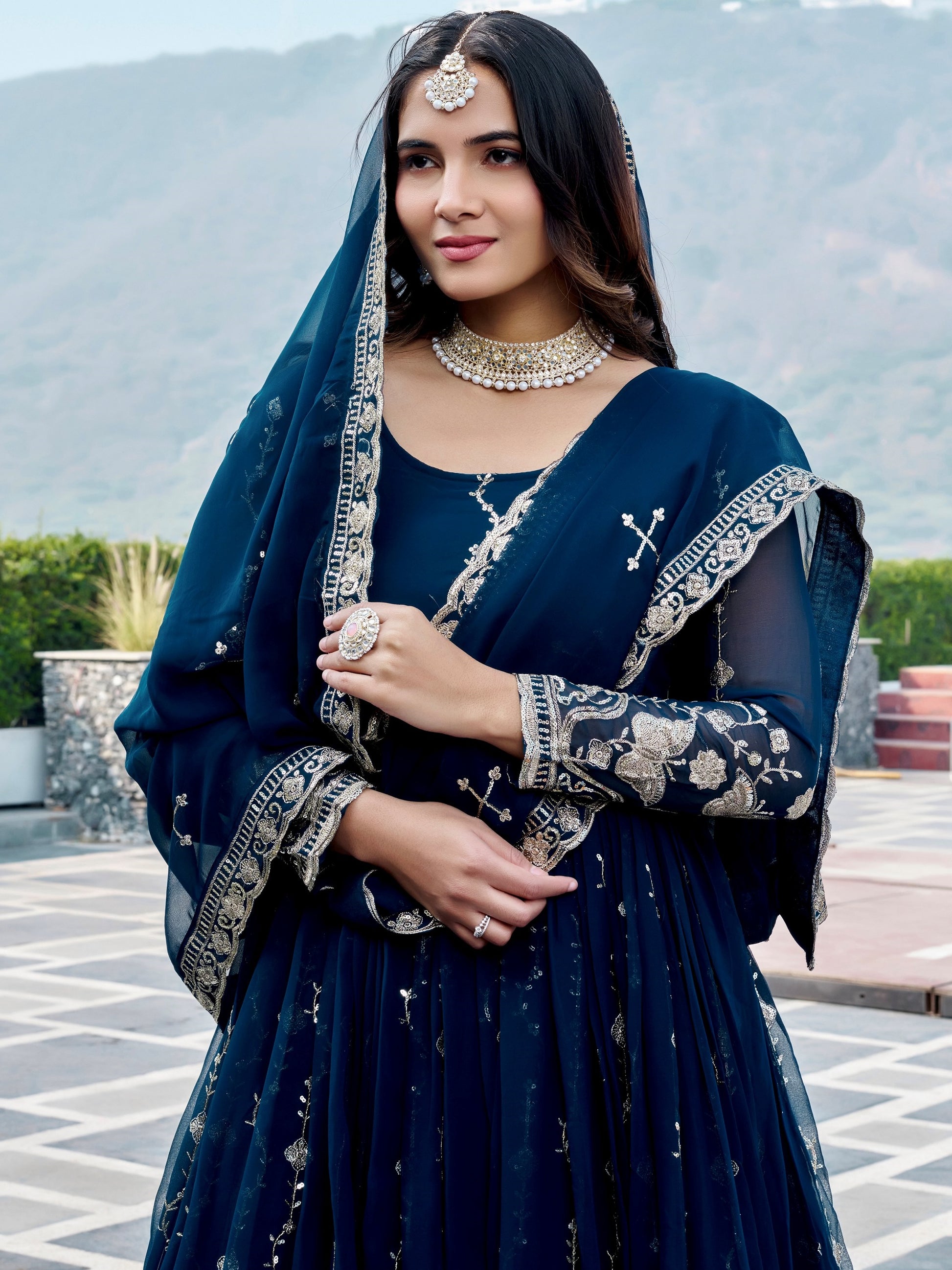 Wonderful Navy Blue Embroidered Georgette Festive Wear Anarakali Gown With Dupatta