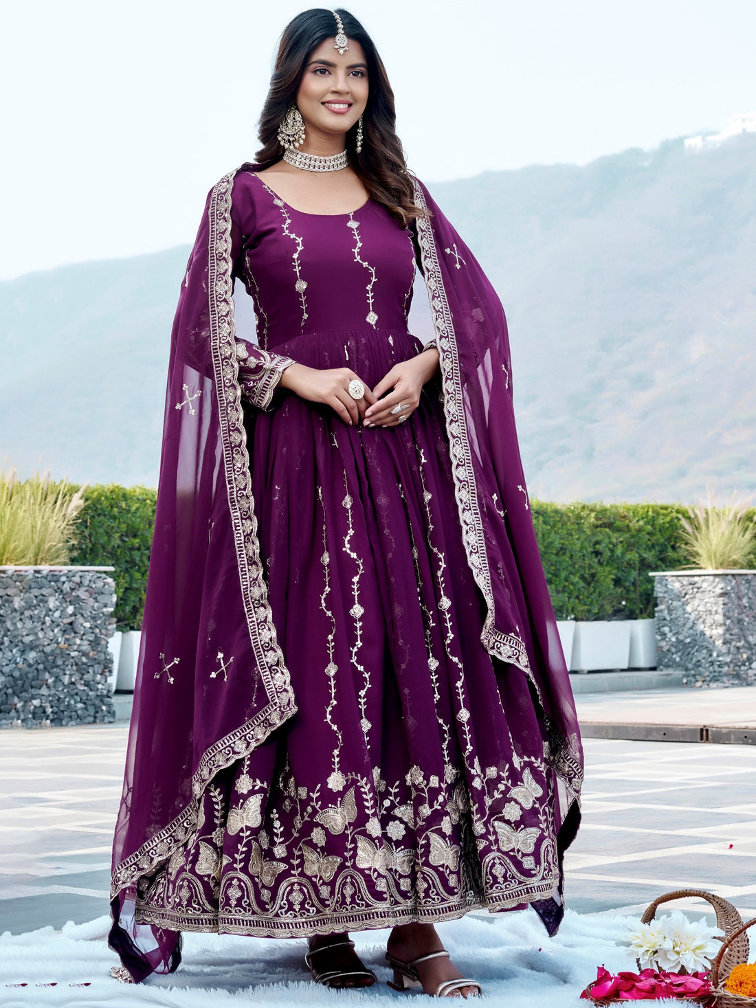 Sparkling Wine Embroidered Georgette Traditional Wear Anarkali Gown With Dupatta