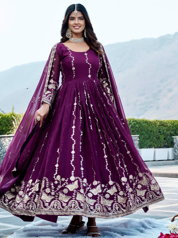 Sparkling Wine Embroidered Georgette Traditional Wear Anarkali Gown With Dupatta