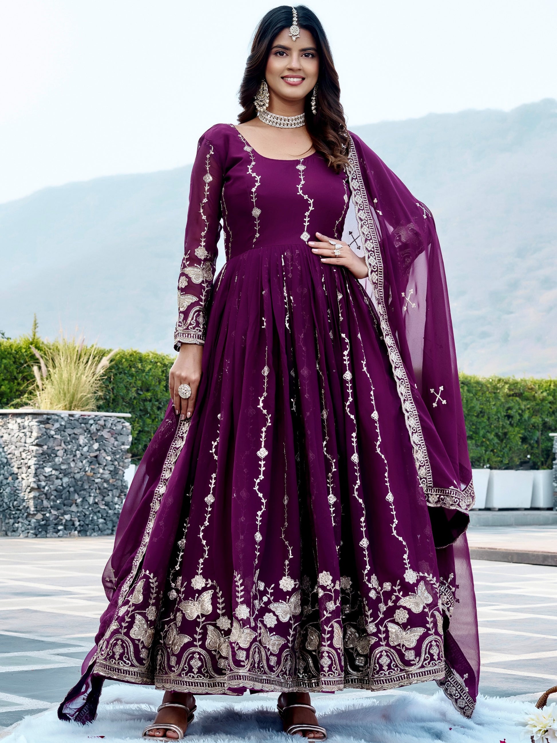 Sparkling Wine Embroidered Georgette Traditional Wear Anarkali Gown With Dupatta