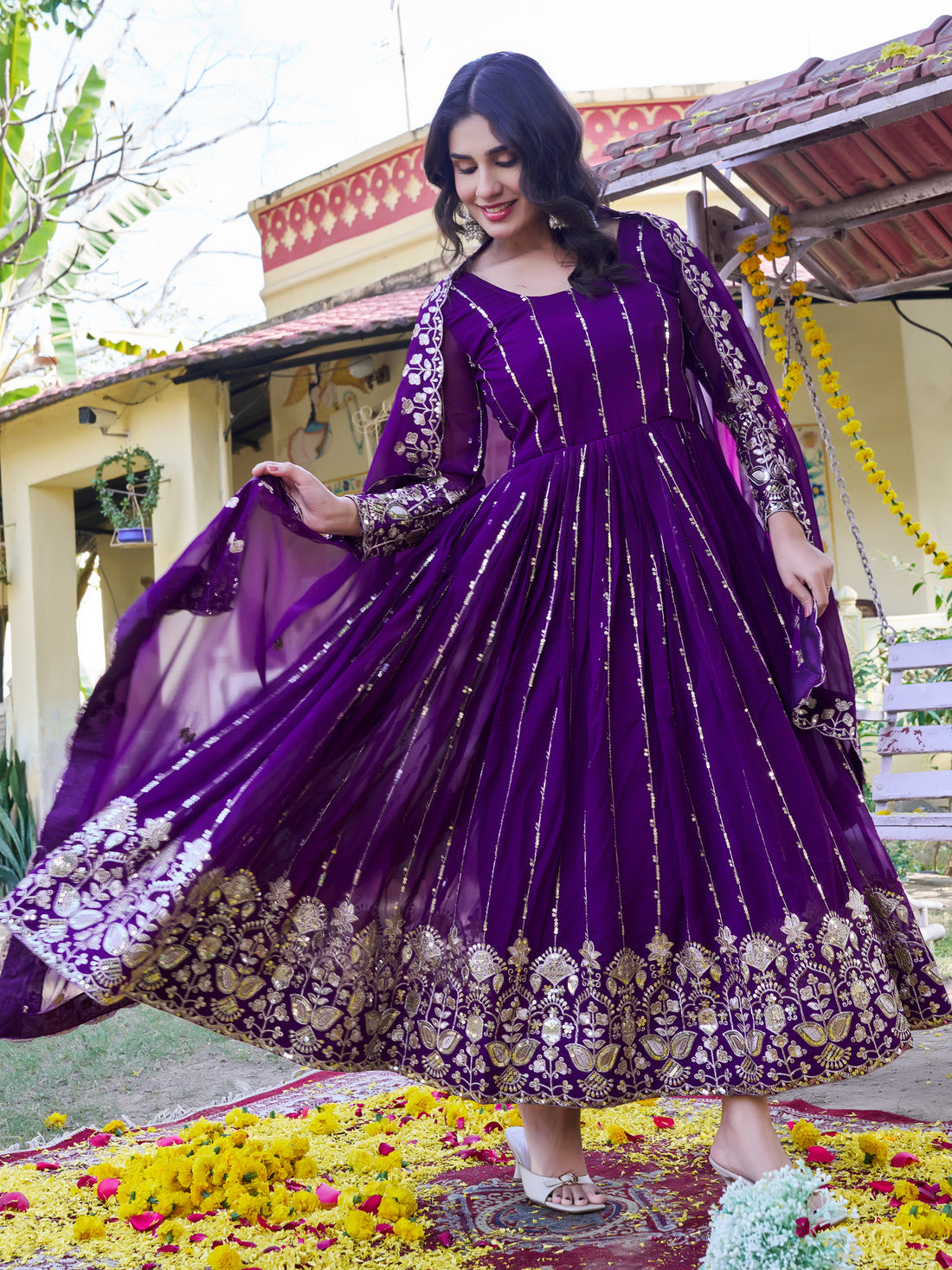 Beautiful Purple Embroidered Georgette Function Wear Anarkali Gown With Dupatta
