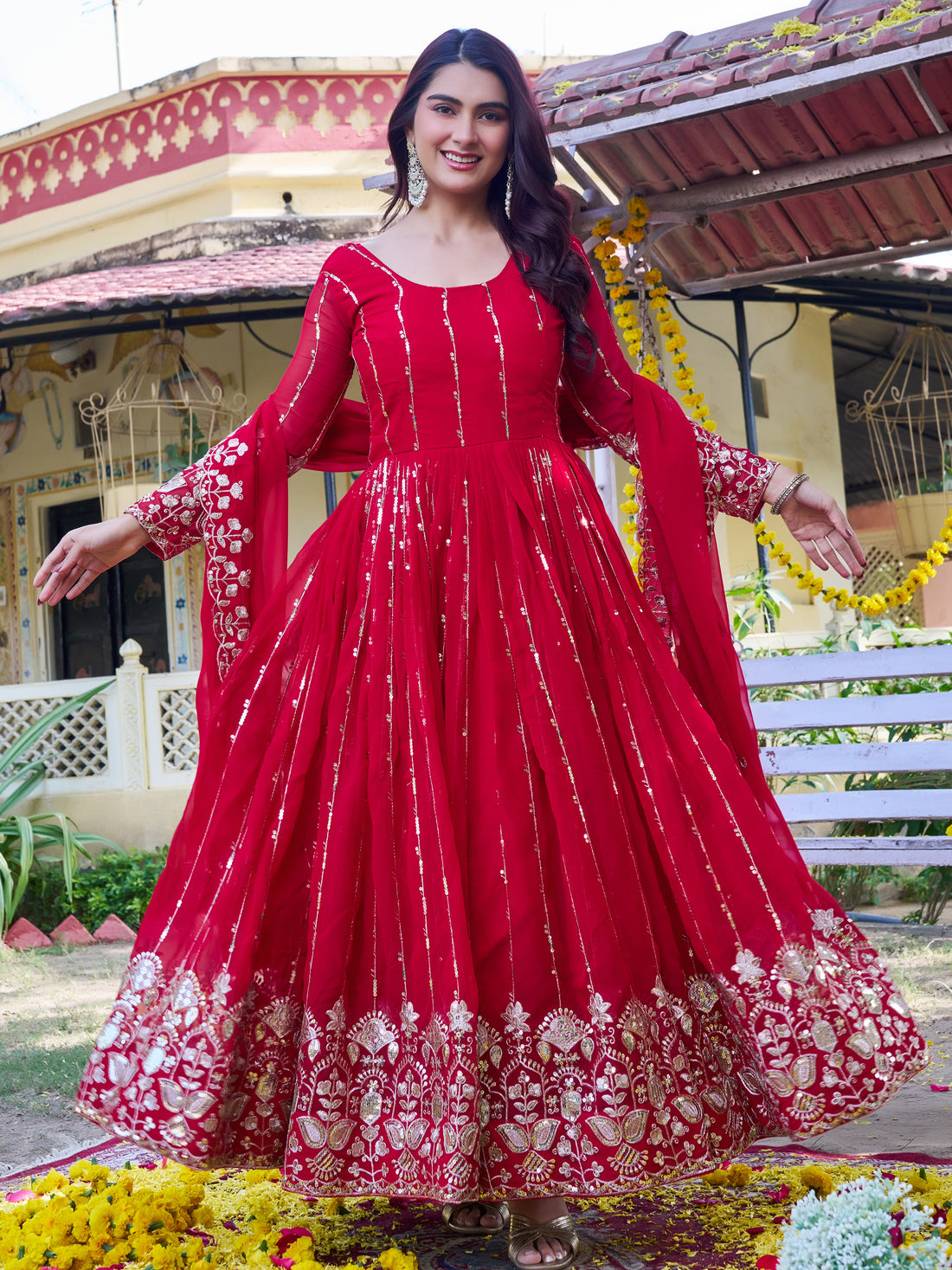 Magnificent Red Embroidered Georgette Festive Wear Anarkali Gown With Dupatta