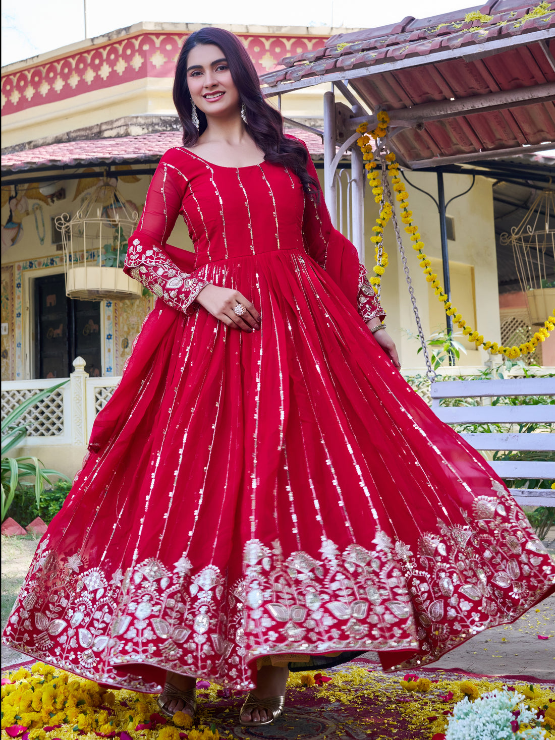 Magnificent Red Embroidered Georgette Festive Wear Anarkali Gown With Dupatta