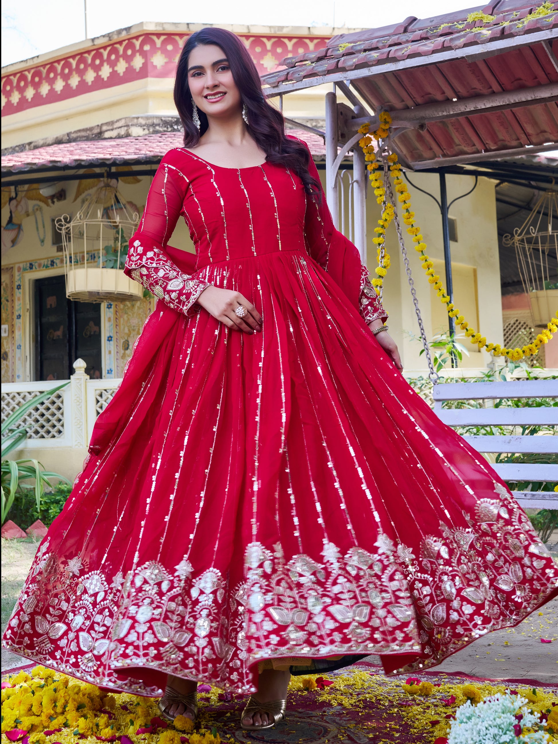 Magnificent Red Embroidered Georgette Festive Wear Anarkali Gown With Dupatta