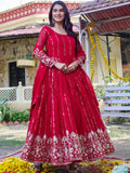 Magnificent Red Embroidered Georgette Festive Wear Anarkali Gown With Dupatta