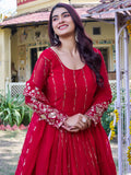 Magnificent Red Embroidered Georgette Festive Wear Anarkali Gown With Dupatta