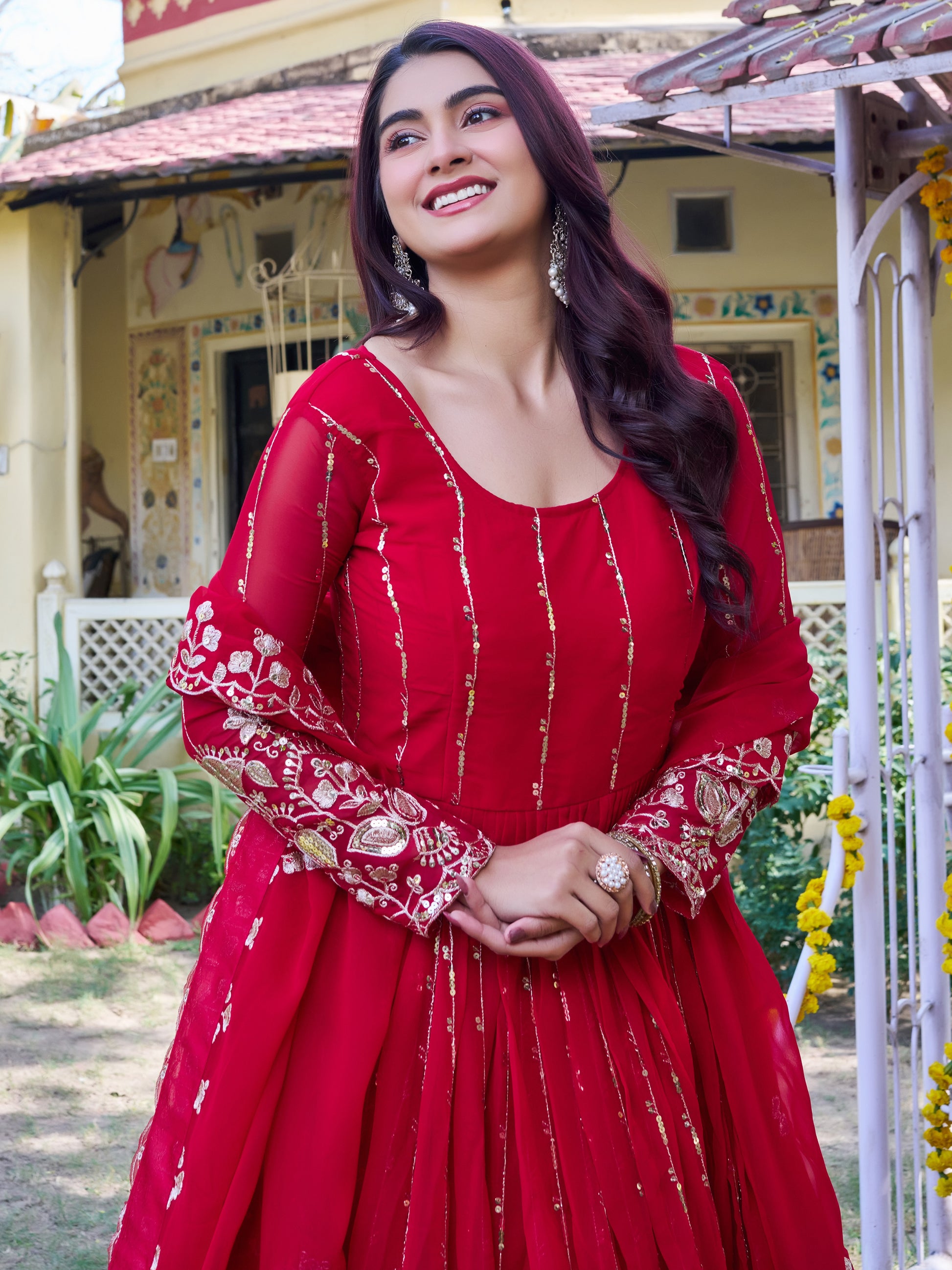 Magnificent Red Embroidered Georgette Festive Wear Anarkali Gown With Dupatta