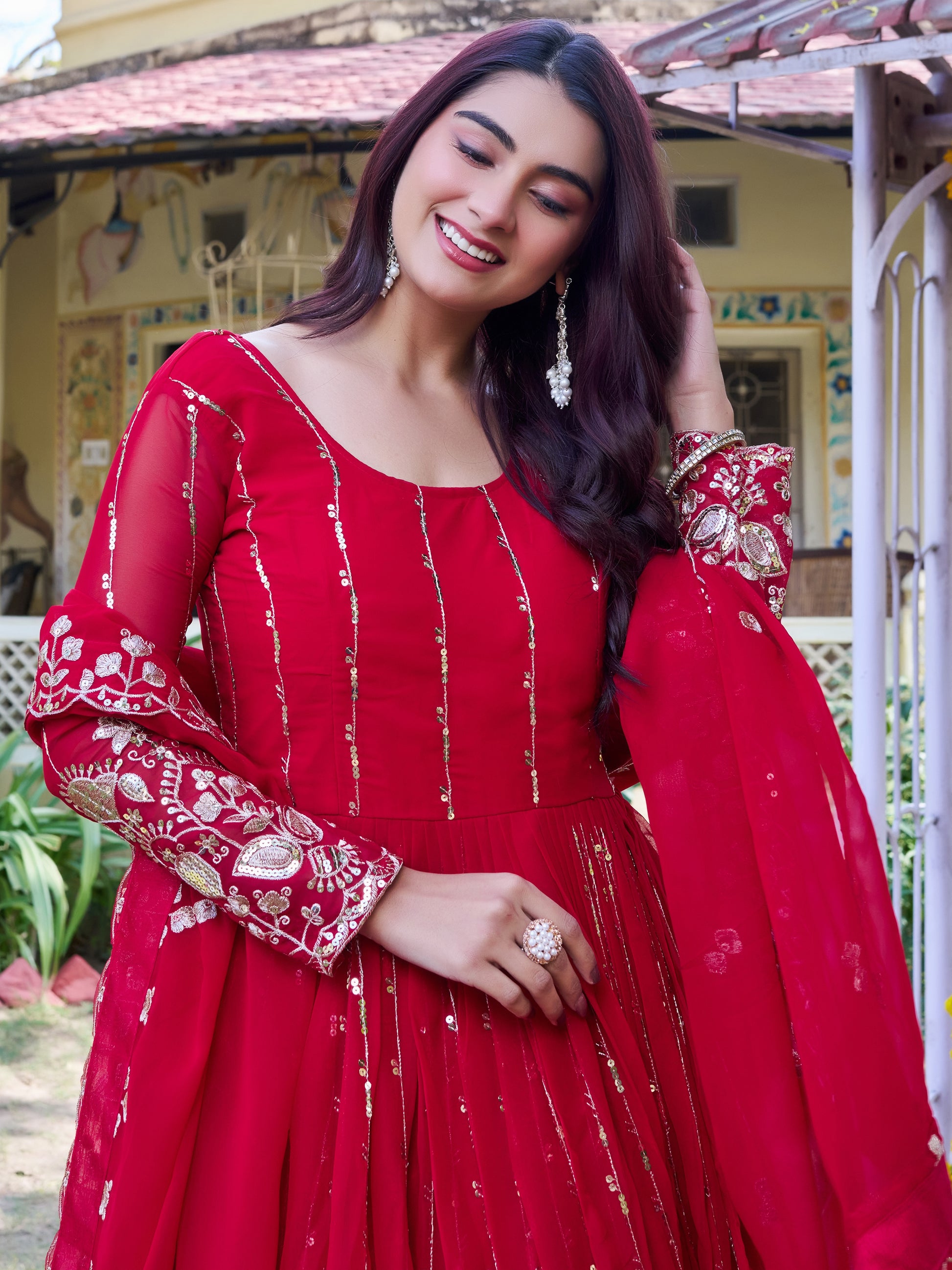 Magnificent Red Embroidered Georgette Festive Wear Anarkali Gown With Dupatta