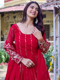 Magnificent Red Embroidered Georgette Festive Wear Anarkali Gown With Dupatta