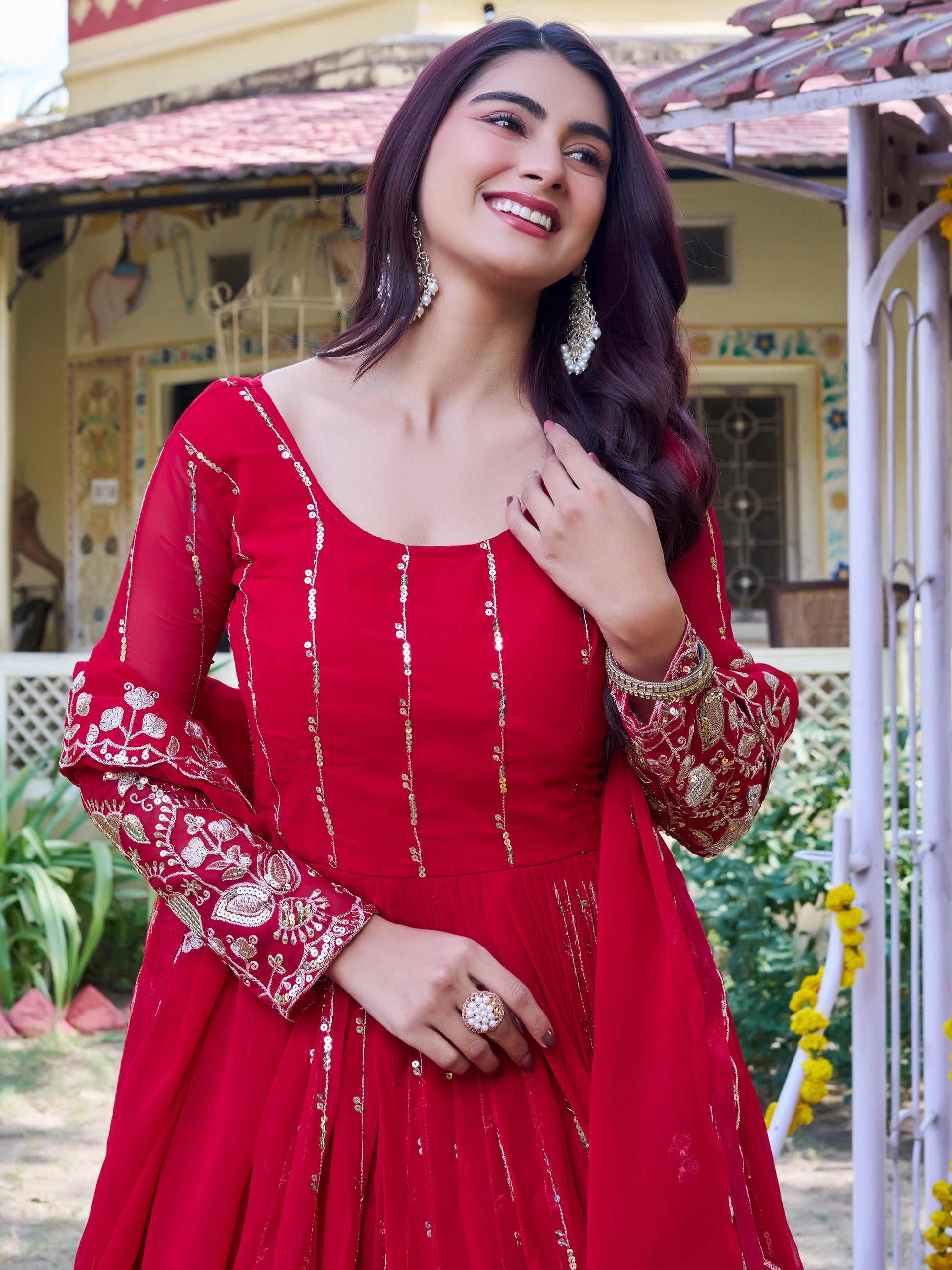 Magnificent Red Embroidered Georgette Festive Wear Anarkali Gown With Dupatta