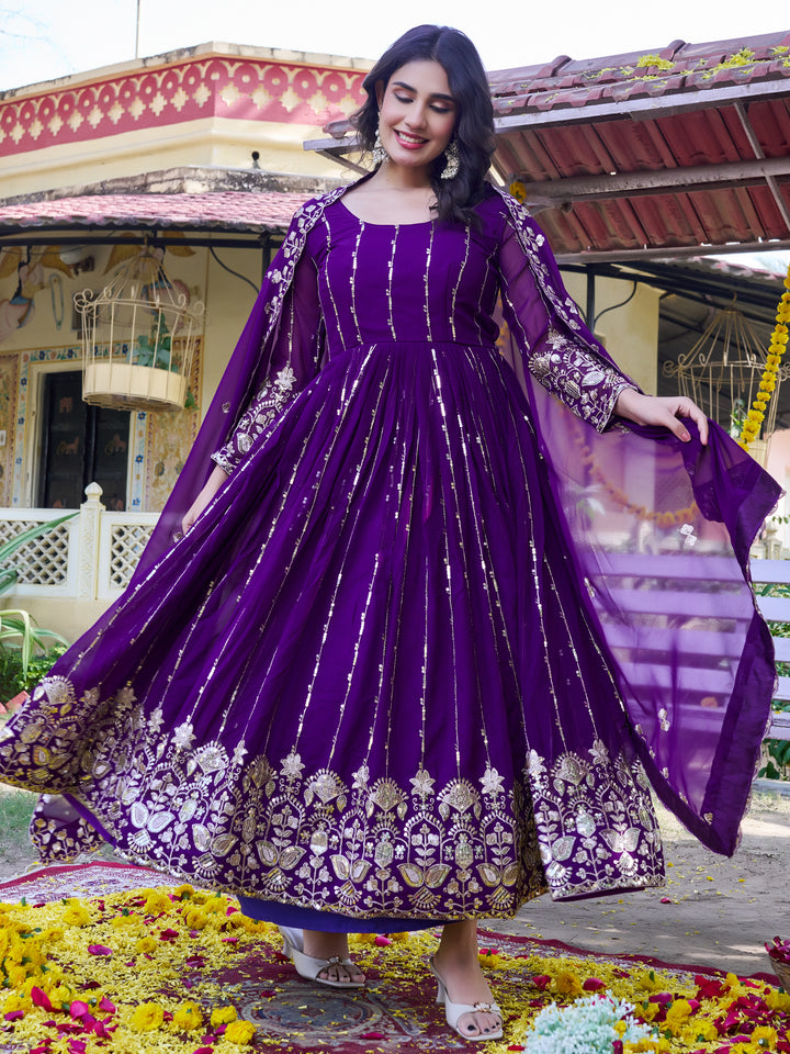 Beautiful Purple Embroidered Georgette Function Wear Anarkali Gown With Dupatta