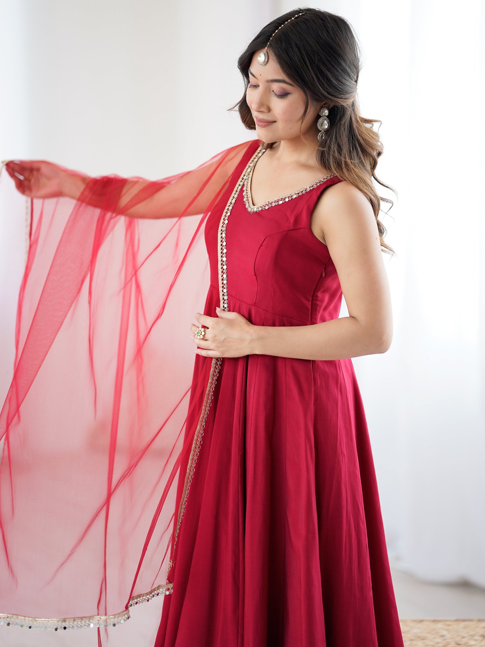 Lavish Red Chanderi Silk Anarkali Suit With Lace Work Dupatta