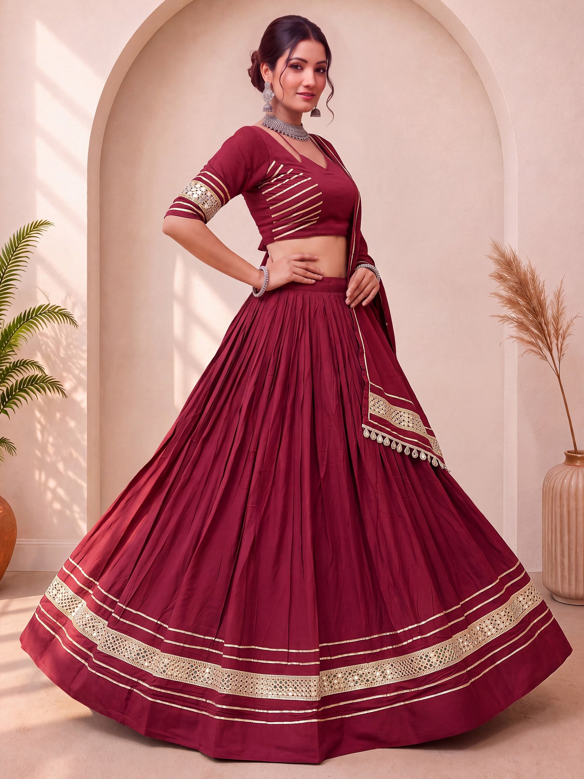 Dazzling Maroon Mirror Work Cotton Navratri Wear Lehenga Choli