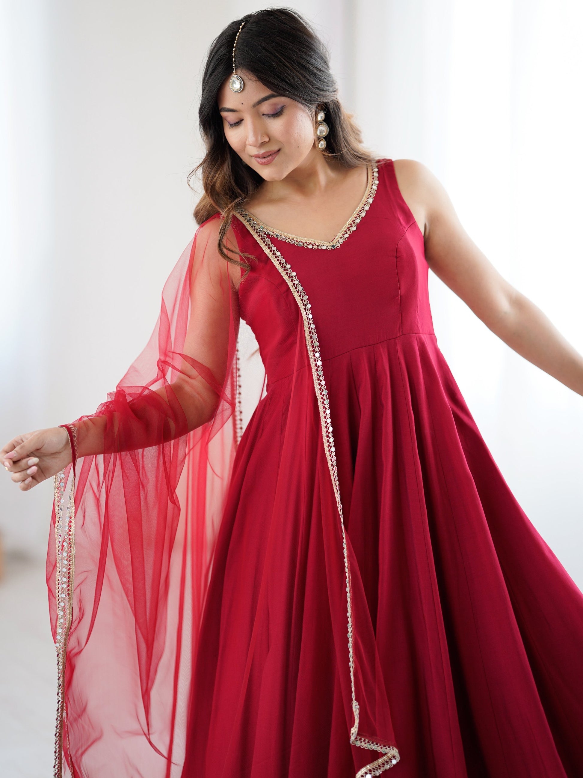 Lavish Red Chanderi Silk Anarkali Suit With Lace Work Dupatta