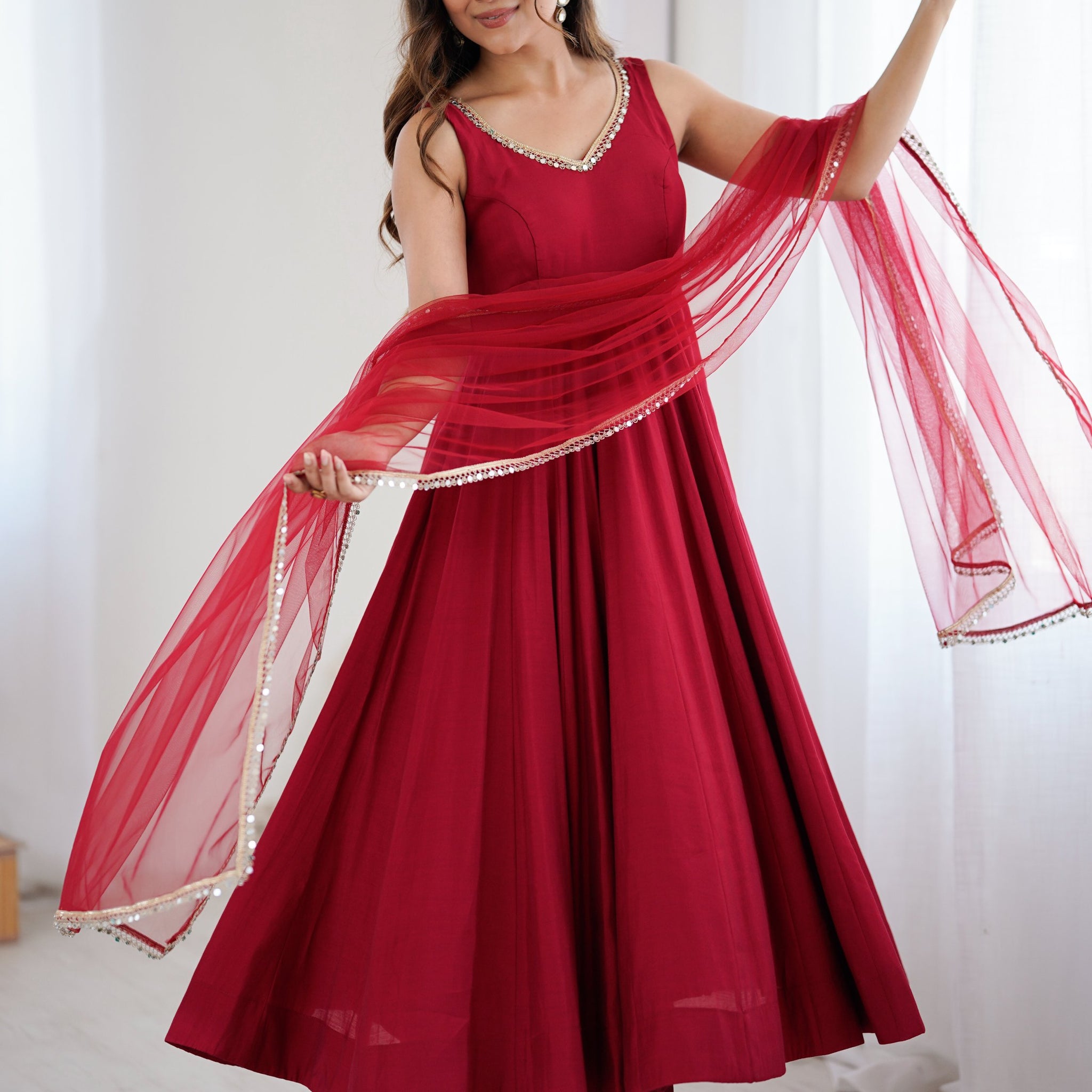Lavish Red Chanderi Silk Anarkali Suit With Lace Work Dupatta
