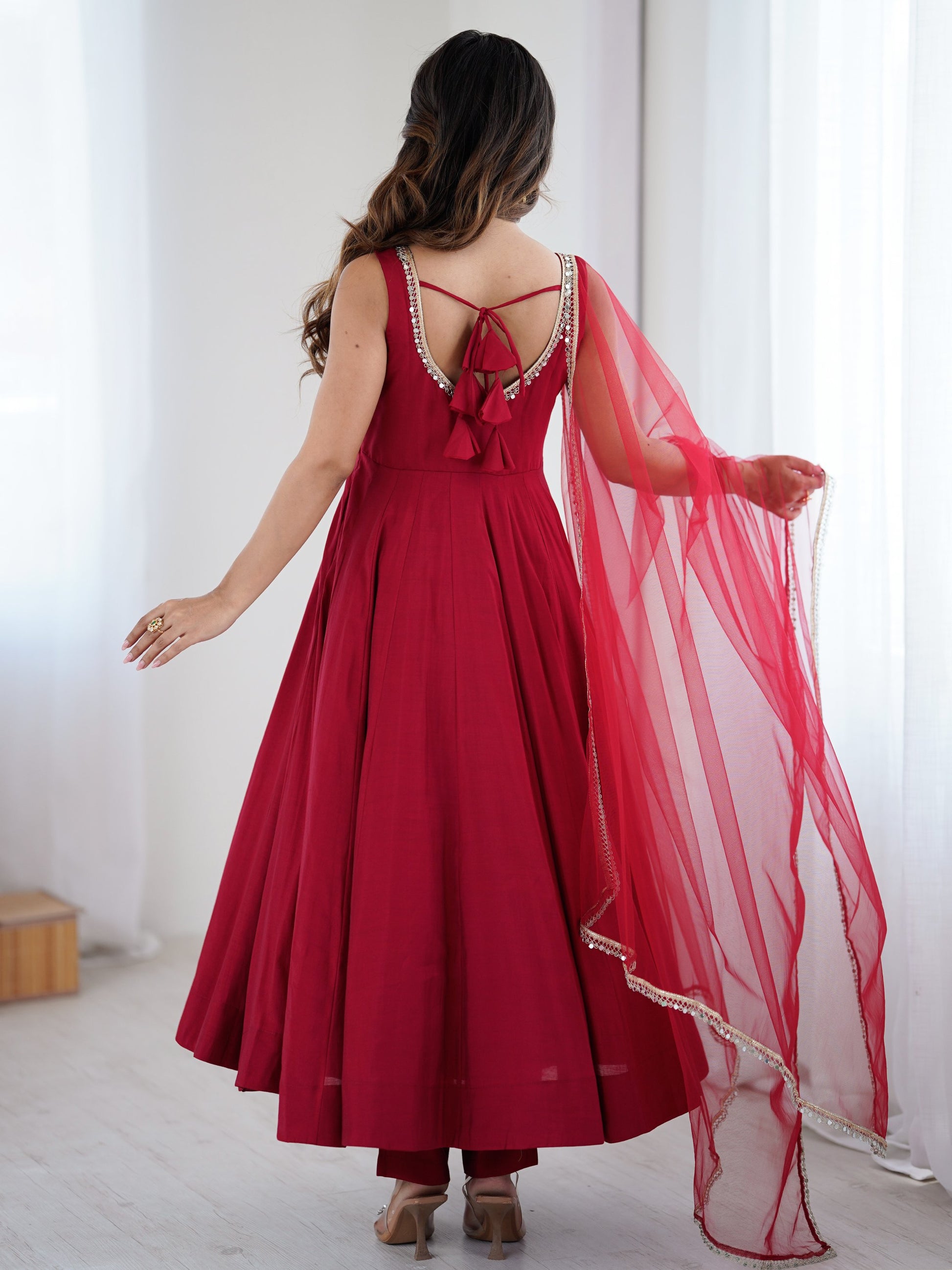 Lavish Red Chanderi Silk Anarkali Suit With Lace Work Dupatta