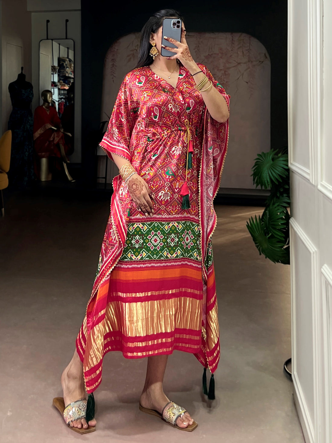 Impressive Red Printed Gaji Silk Festival Wear Kaftan