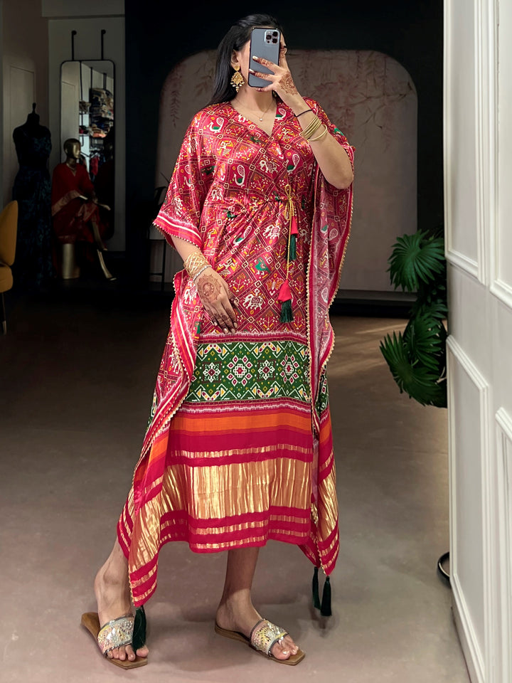 Impressive Red Printed Gaji Silk Festival Wear Kaftan
