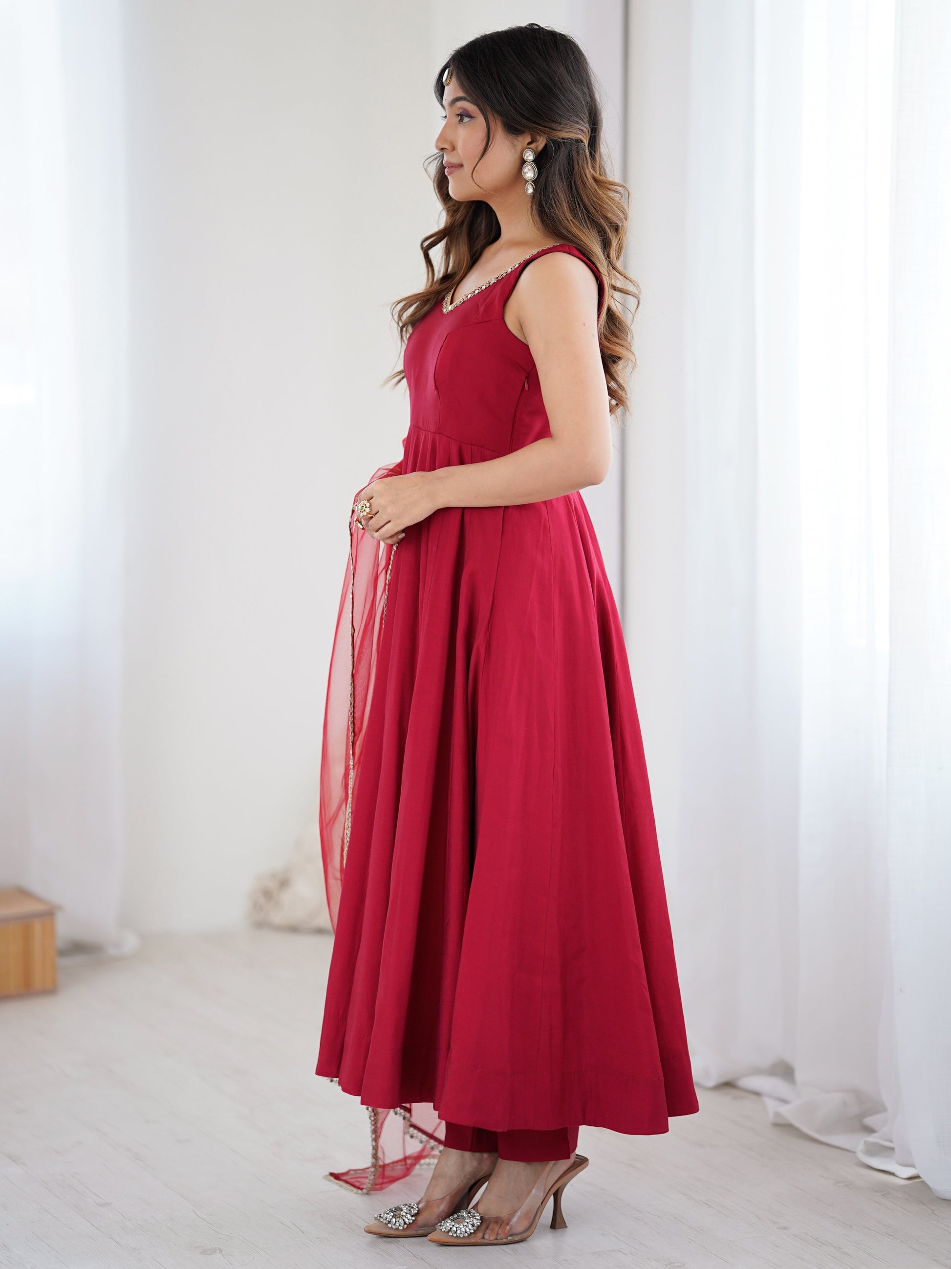 Lavish Red Chanderi Silk Anarkali Suit With Lace Work Dupatta