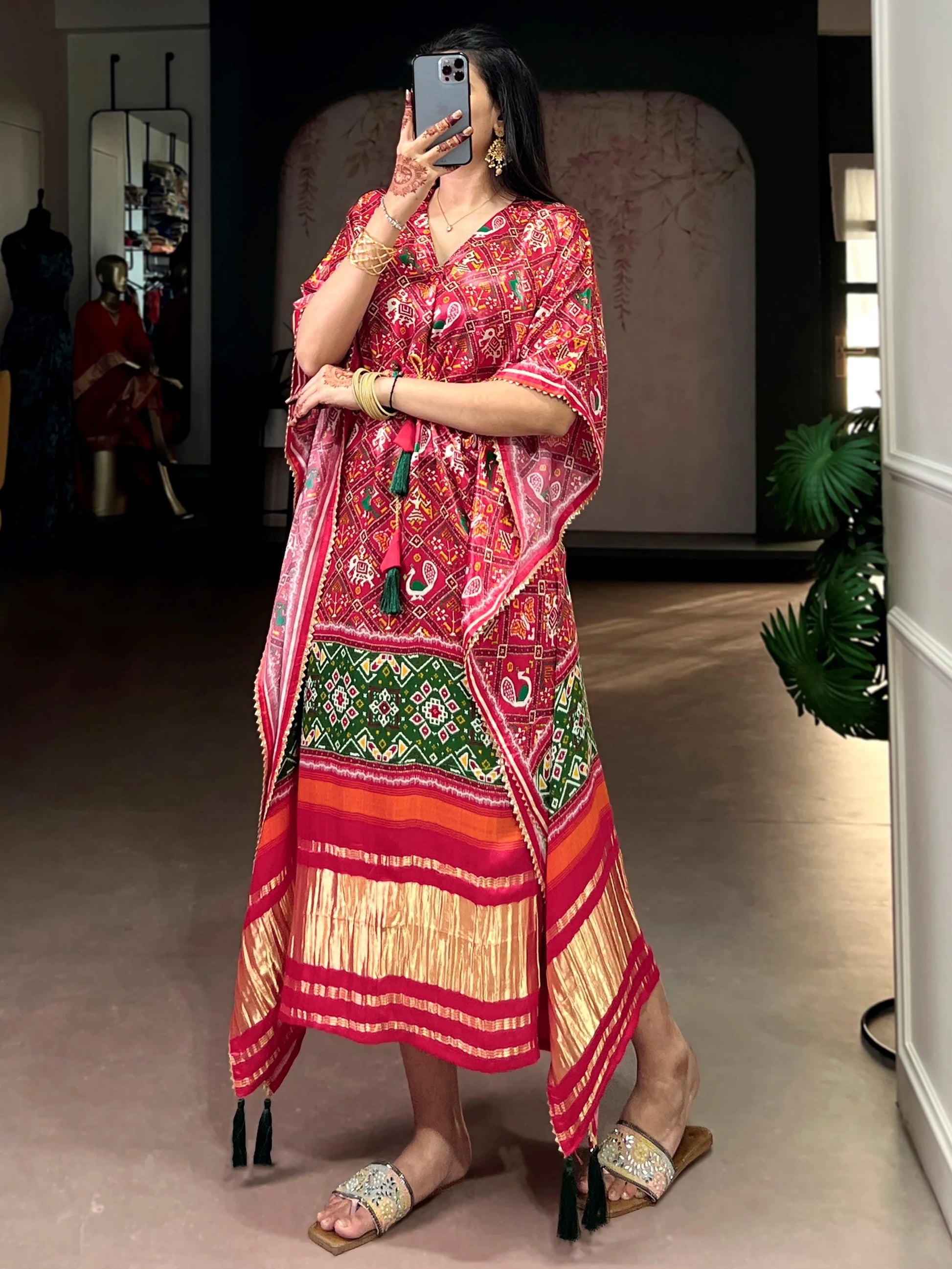 Impressive Red Printed Gaji Silk Festival Wear Kaftan
