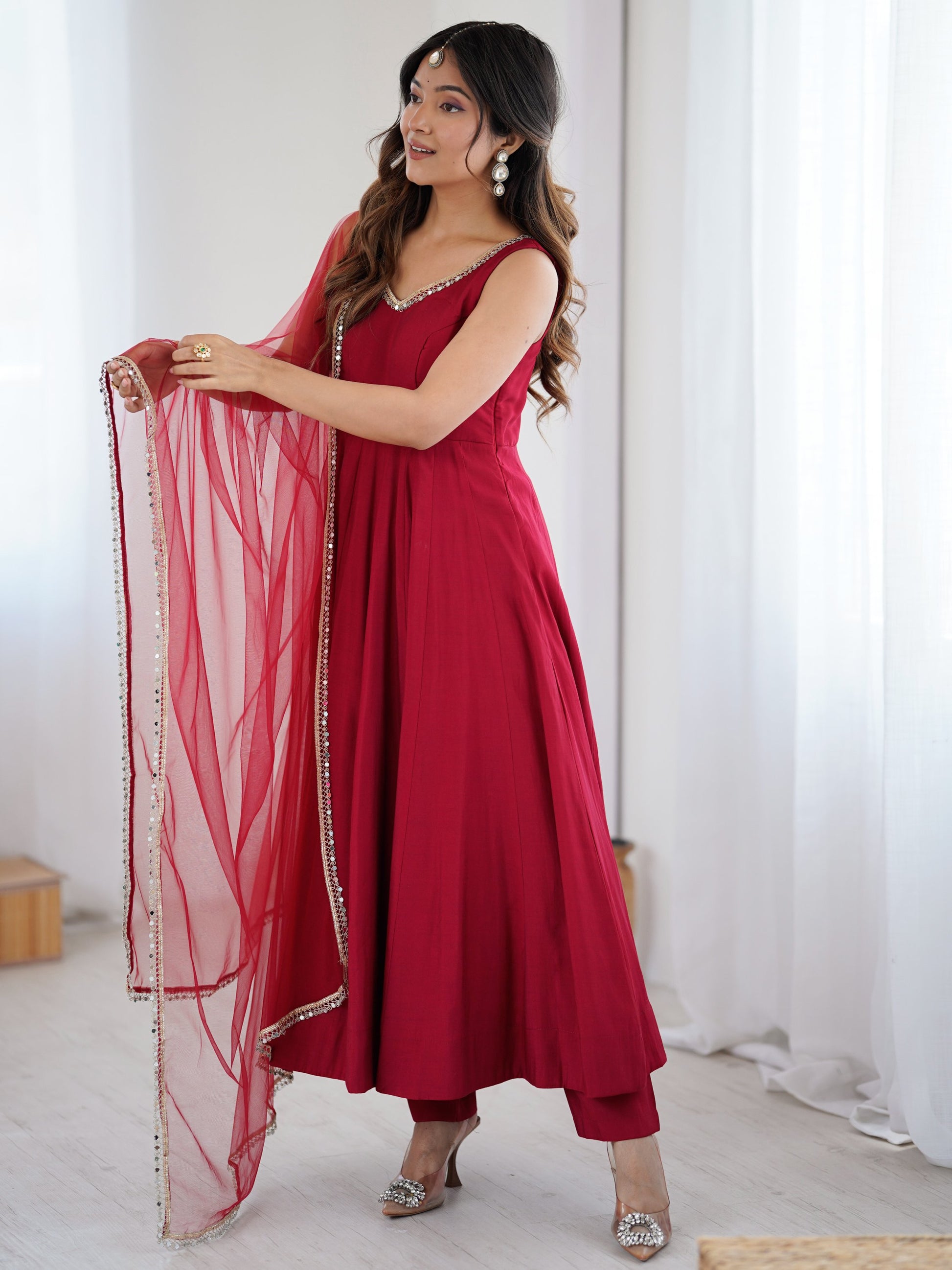 Lavish Red Chanderi Silk Anarkali Suit With Lace Work Dupatta