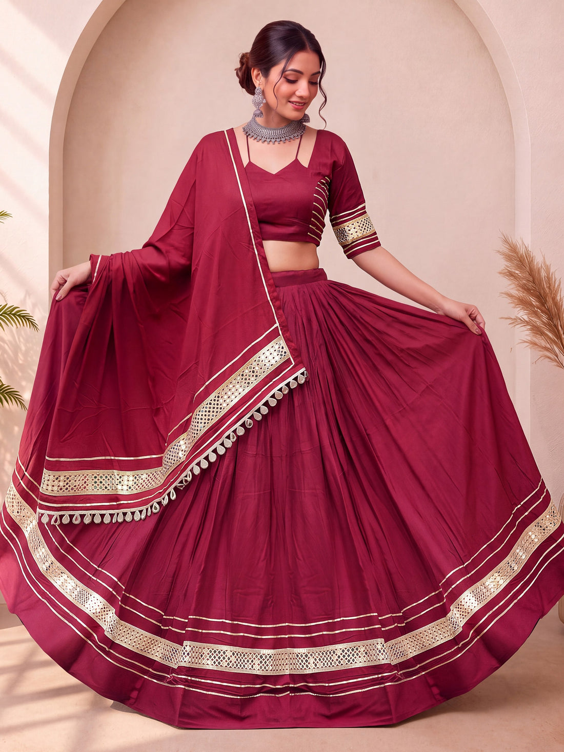 Dazzling Maroon Mirror Work Cotton Navratri Wear Lehenga Choli