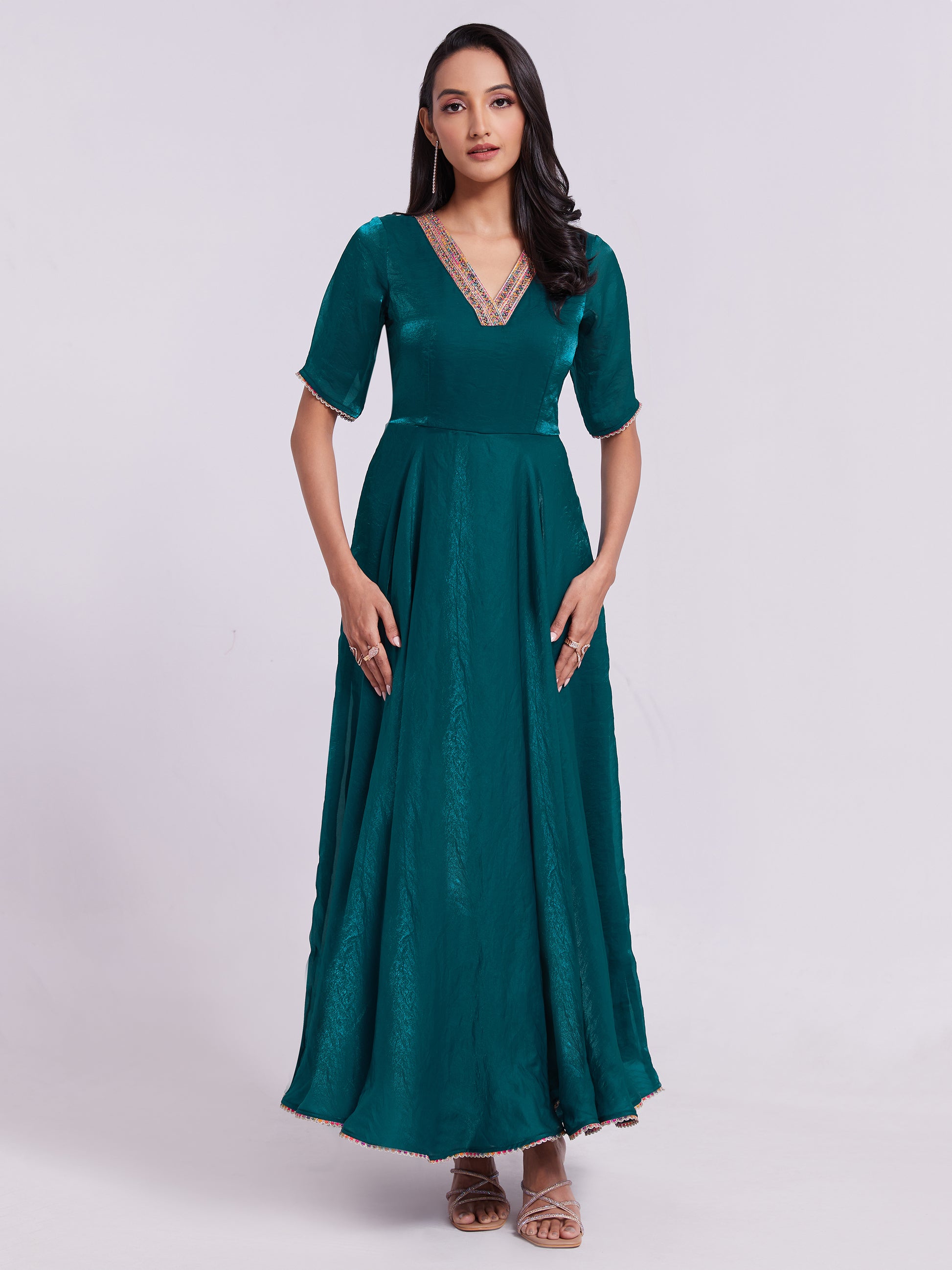 Marvelous Teal Blue Lace Work Organza Festival Wear Gown