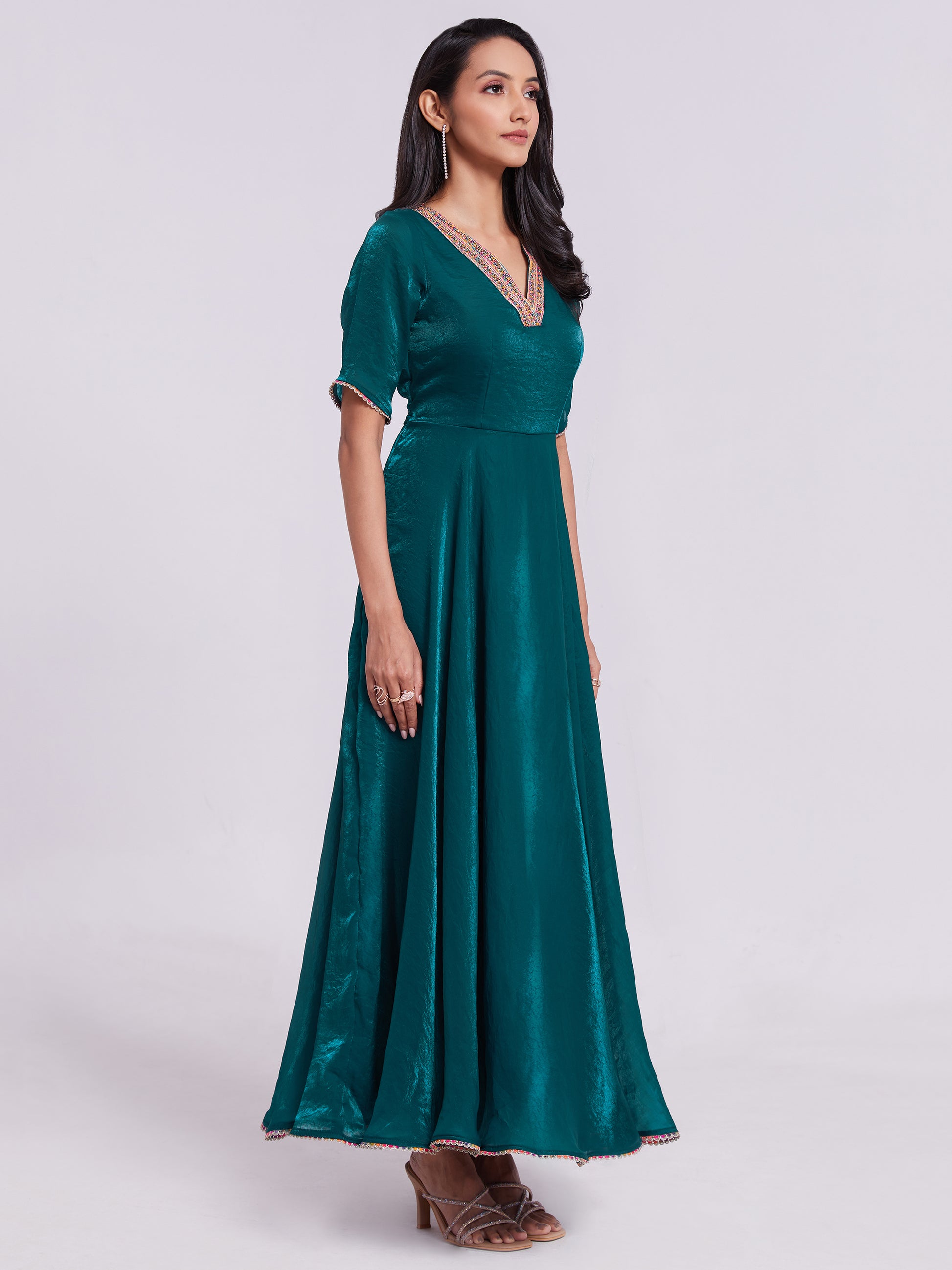 Marvelous Teal Blue Lace Work Organza Festival Wear Gown