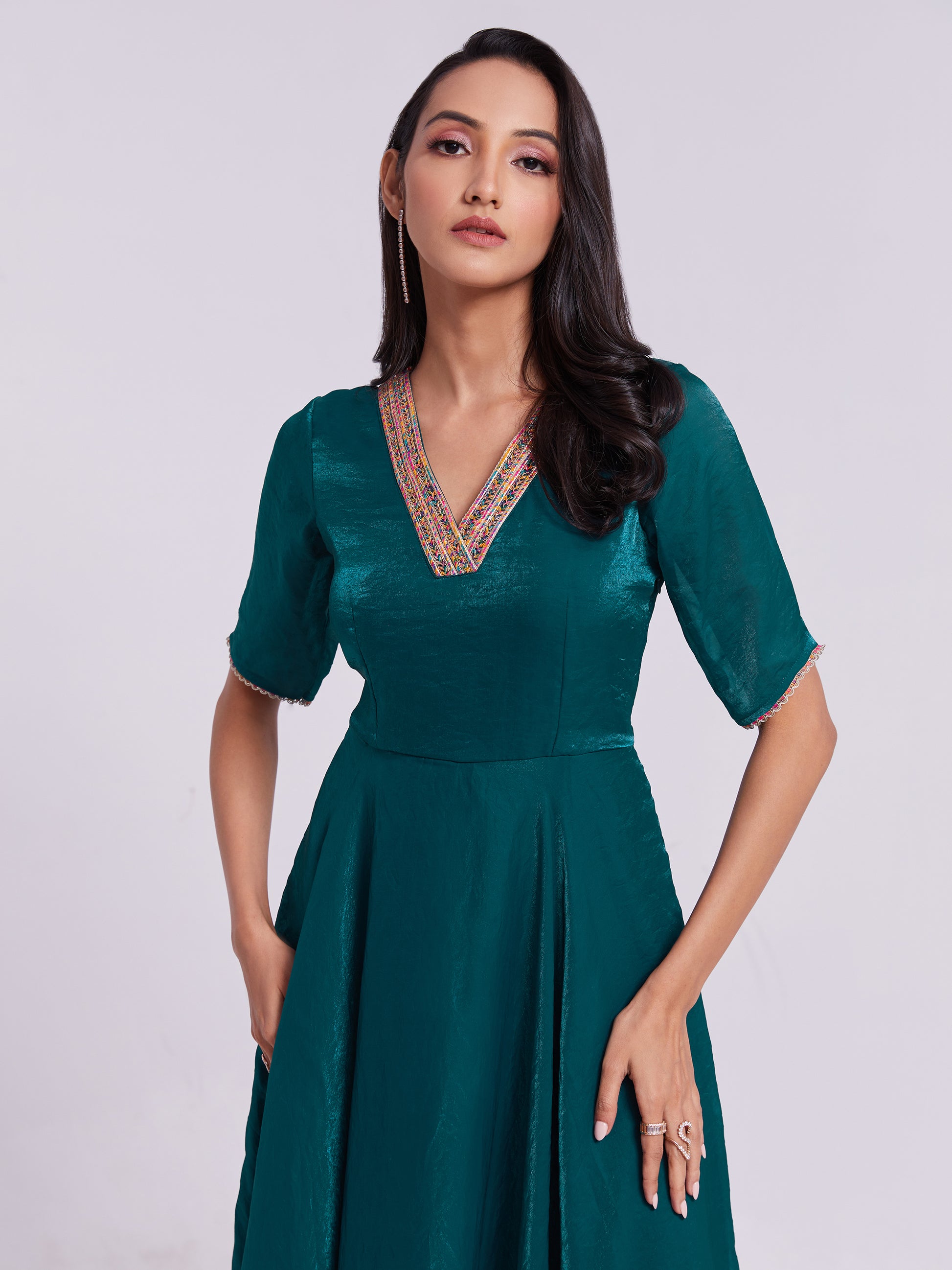 Marvelous Teal Blue Lace Work Organza Festival Wear Gown