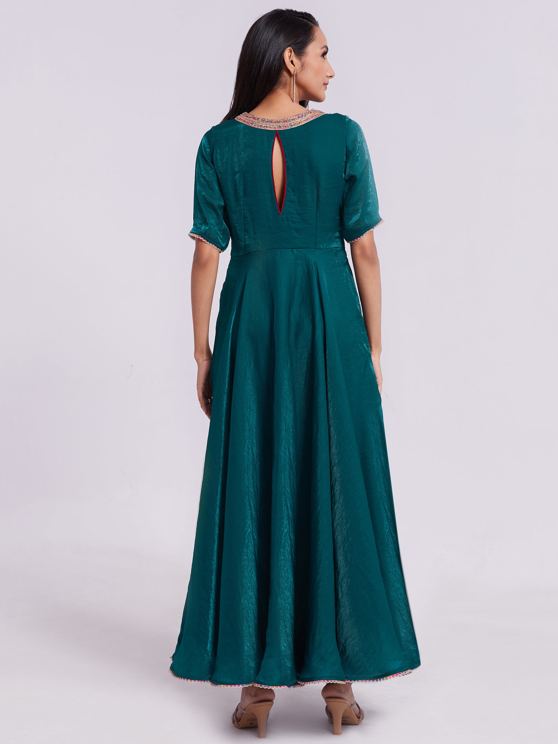 Marvelous Teal Blue Lace Work Organza Festival Wear Gown