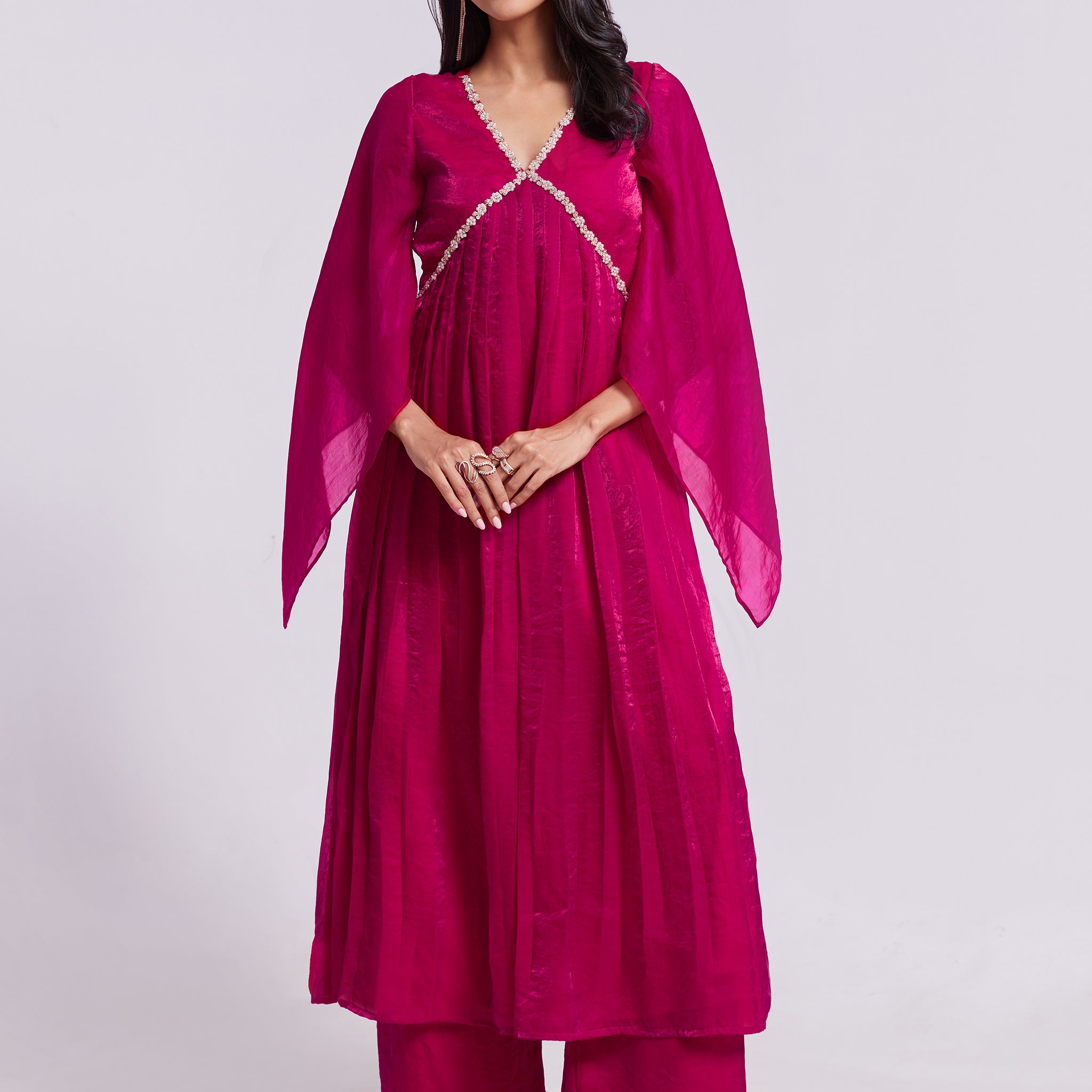 Fantastic Pink Lace Work Organza Party Wear Kurta With Palazzo