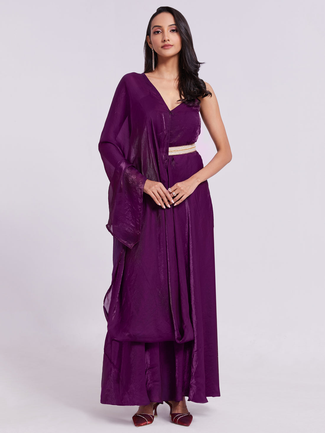 Outstanding Wine Organza Event Wear Gown With Dupatta