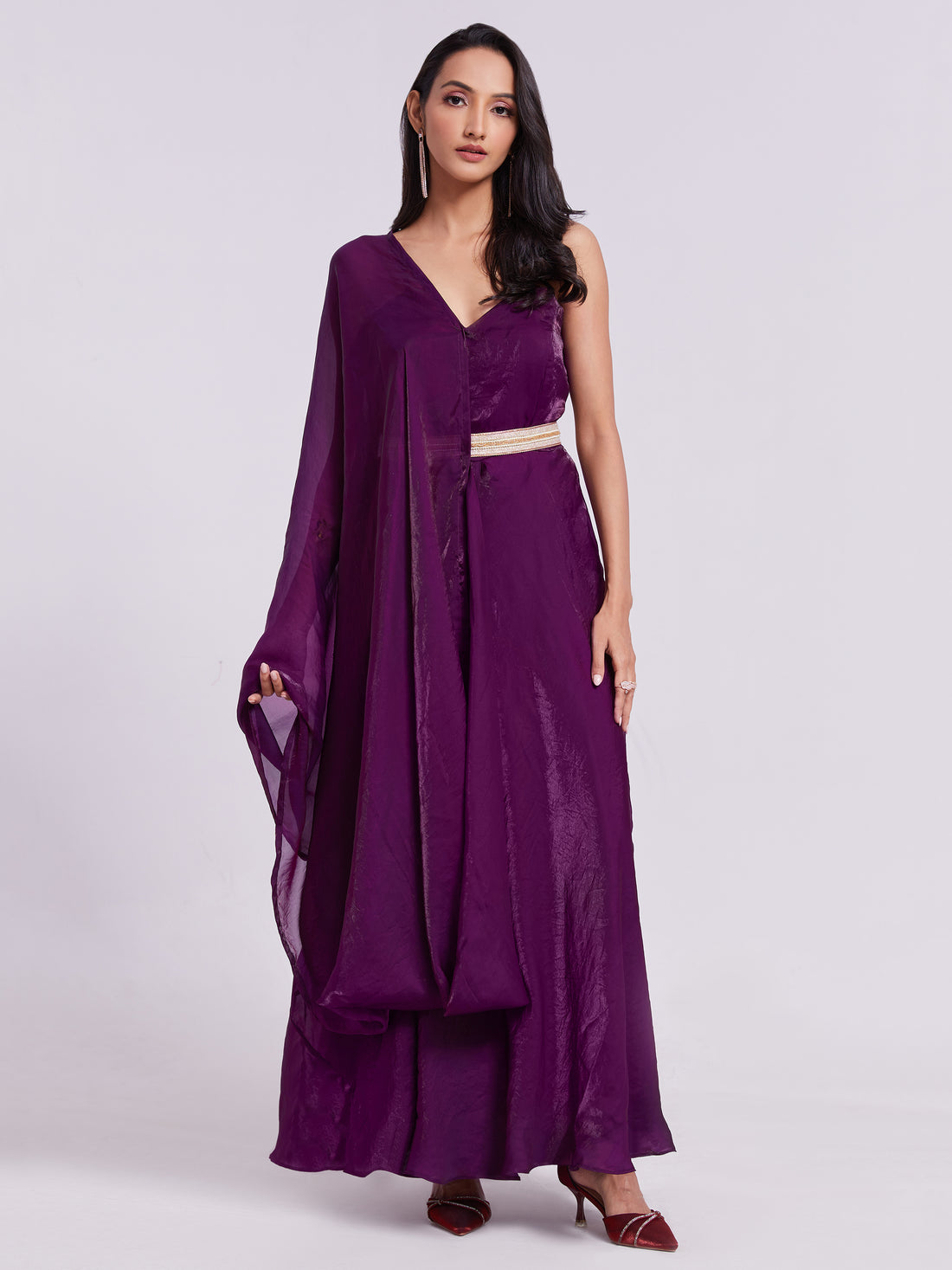 Outstanding Wine Organza Event Wear Gown With Dupatta