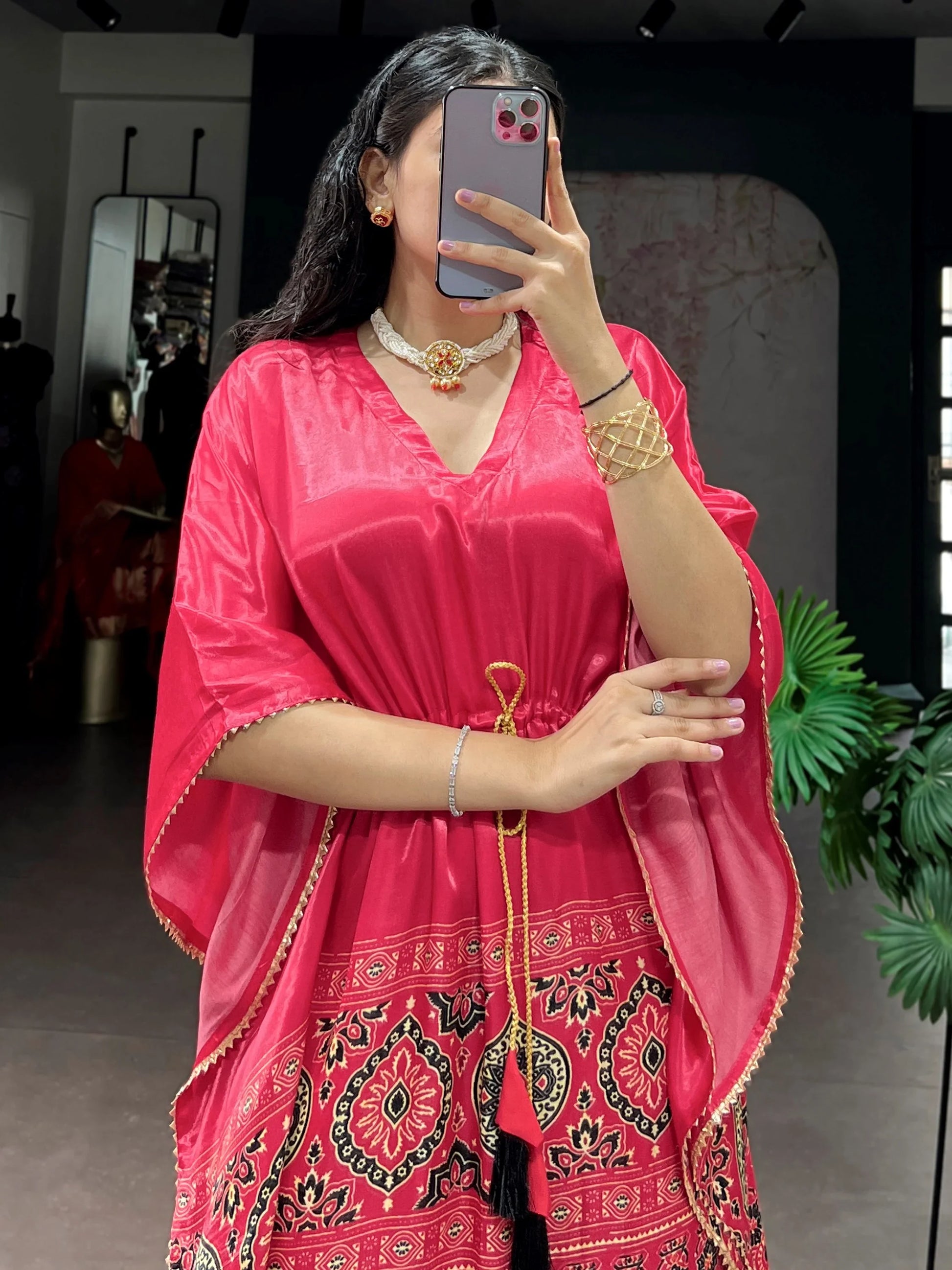 Amazing Rose Pink Printed Gaji Silk Festival Wear  Kaftan