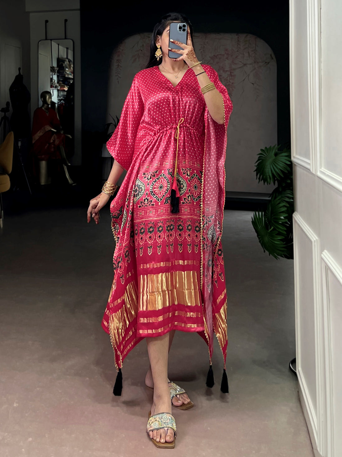 Beautiful Rose Pink Gota Patti Gaji Silk Event Wear Kaftan
