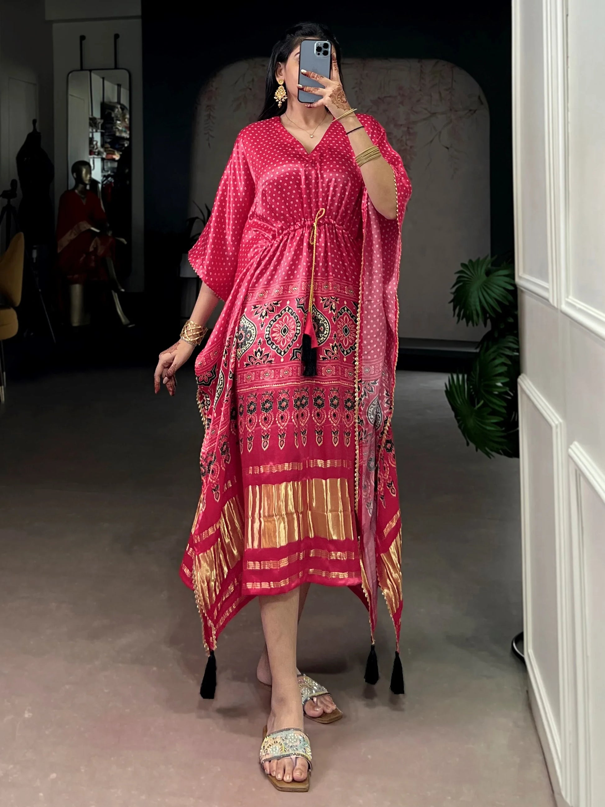 Beautiful Rose Pink Gota Patti Gaji Silk Event Wear Kaftan
