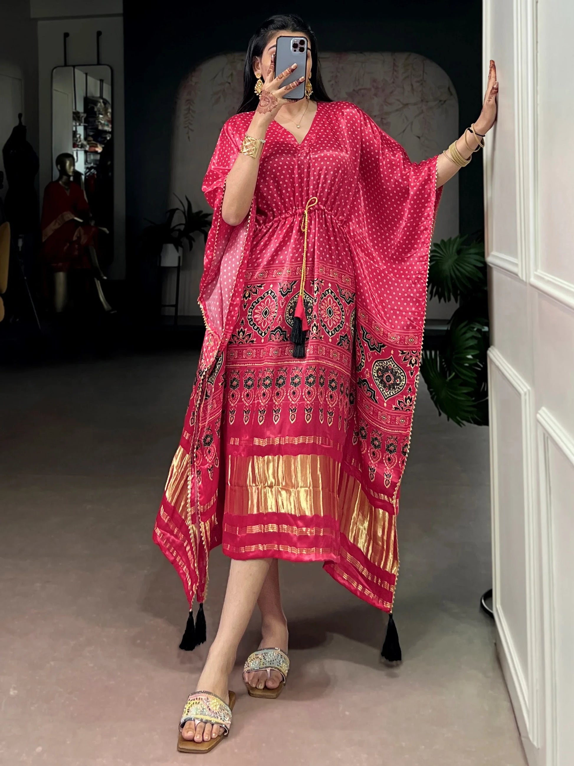 Beautiful Rose Pink Gota Patti Gaji Silk Event Wear Kaftan