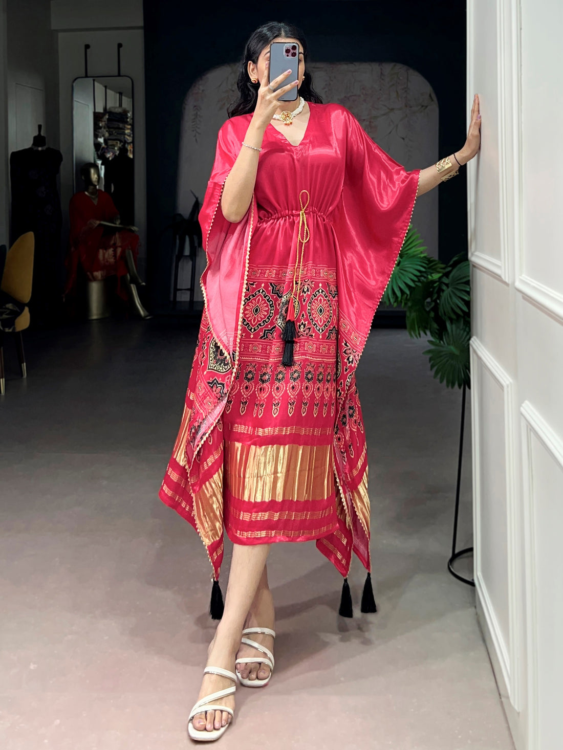 Amazing Rose Pink Printed Gaji Silk Festival Wear  Kaftan