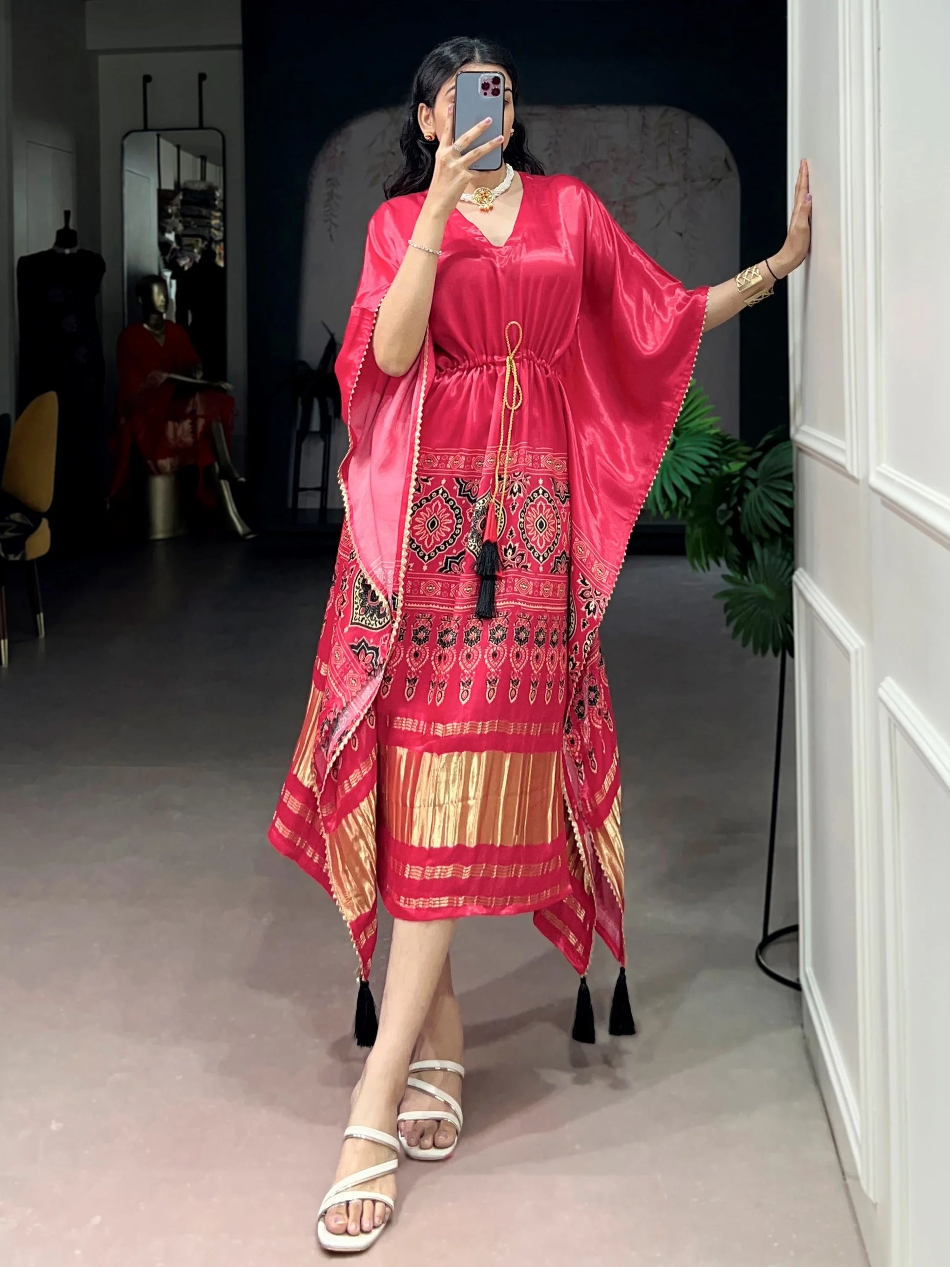 Amazing Rose Pink Printed Gaji Silk Festival Wear  Kaftan