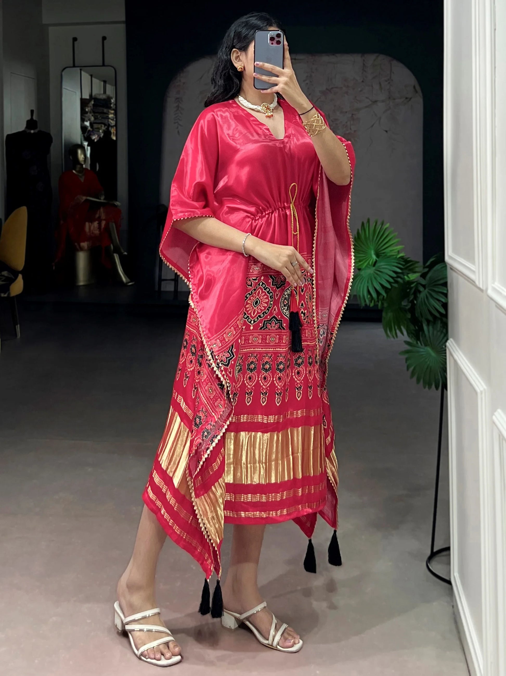 Amazing Rose Pink Printed Gaji Silk Festival Wear  Kaftan