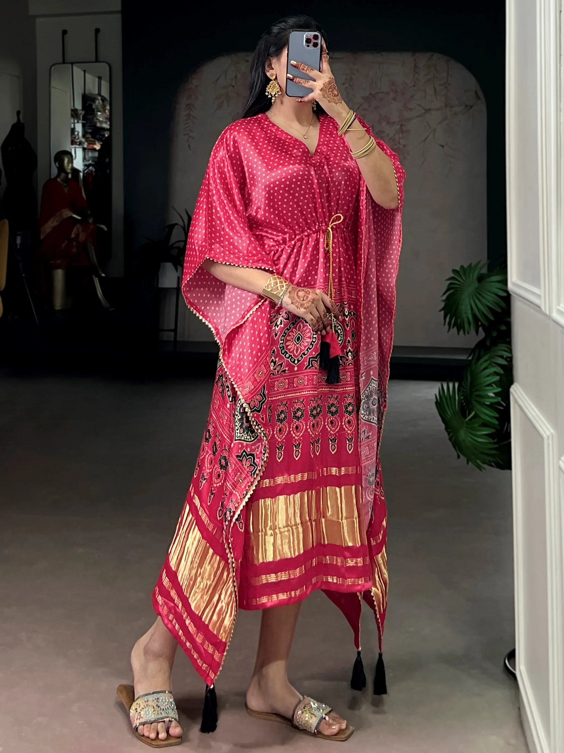 Beautiful Rose Pink Gota Patti Gaji Silk Event Wear Kaftan
