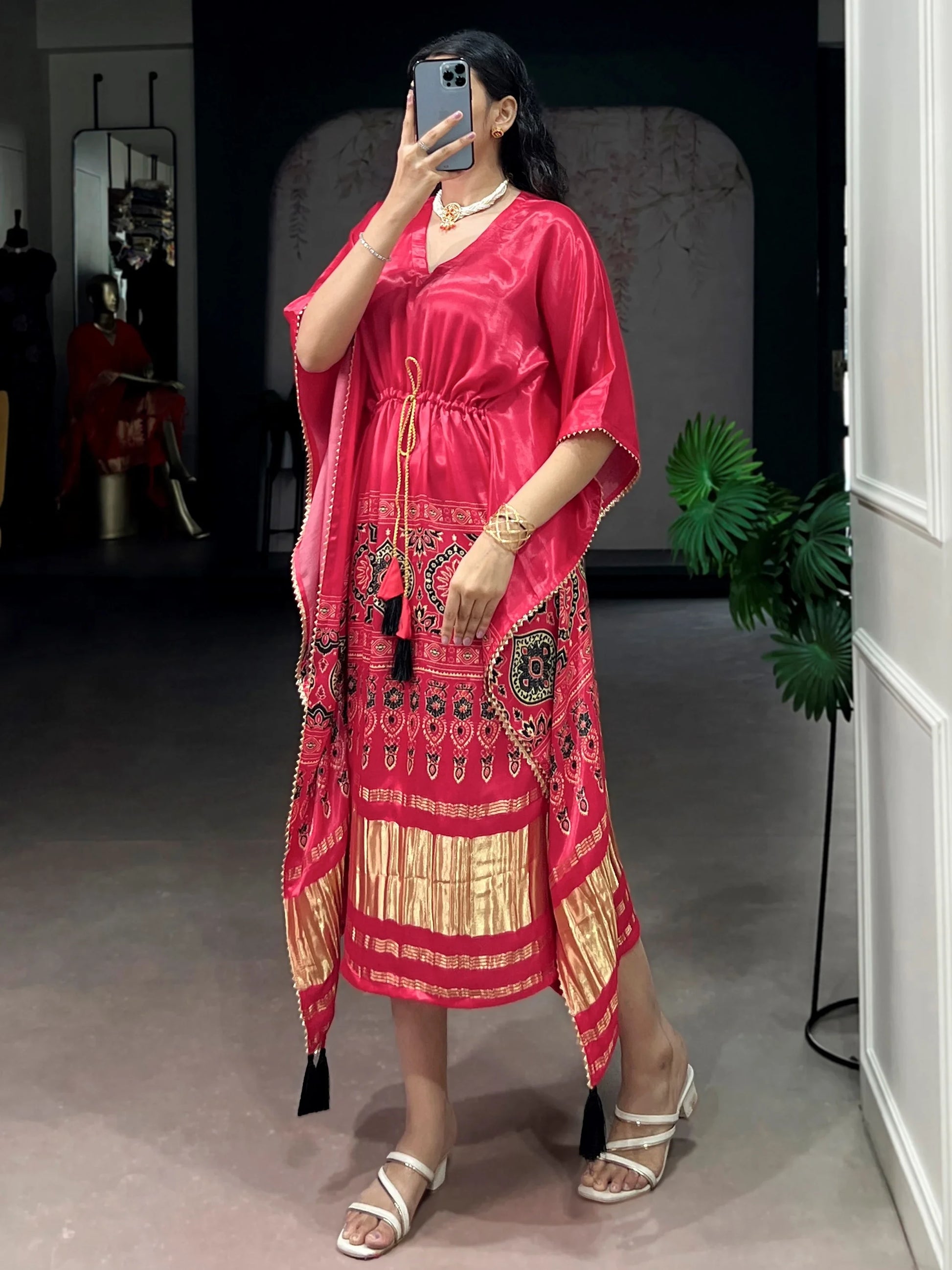 Amazing Rose Pink Printed Gaji Silk Festival Wear  Kaftan