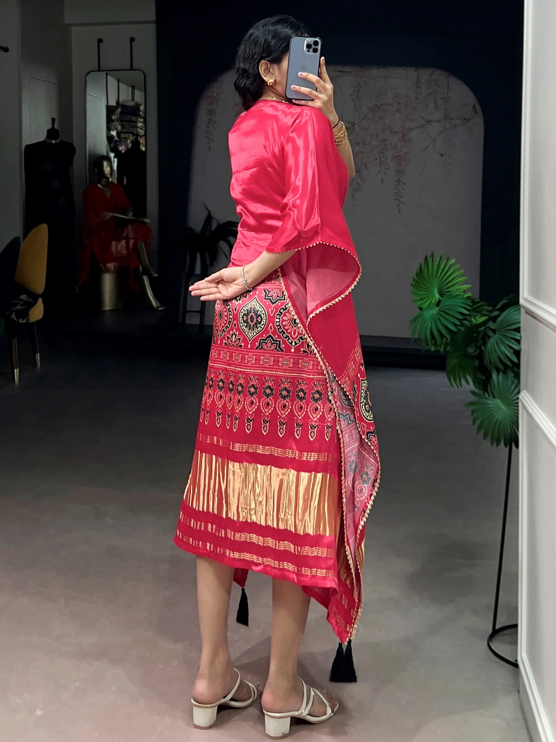Amazing Rose Pink Printed Gaji Silk Festival Wear  Kaftan